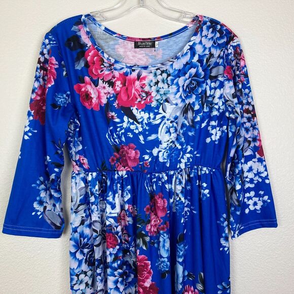 Blue Time Midi Dress Size M Knit Cotton Blend Floral Empire Waist Cottagecore - Picture 2 of 5